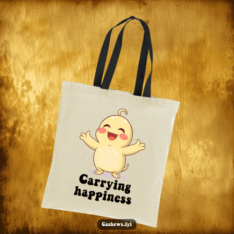 Funny tote bag depicting a cashew with arms spread wide, laughing heartily and joyfully at an unseen joke.