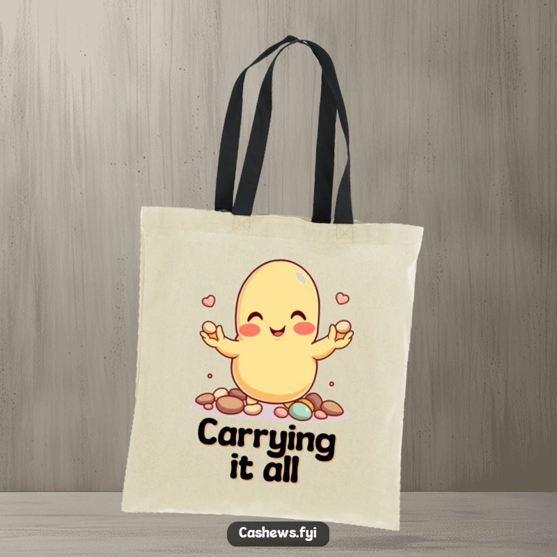 Funny tote bag with a smiling cashew nut character skillfully juggling small pebbles.