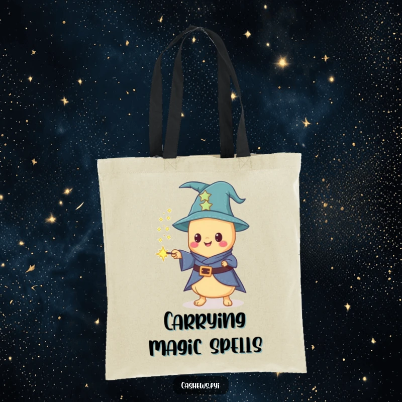 Funny tote bag showcasing a Kawaii cashew wizard conjuring sparkling cashew dust from a wand, perfect for magical and humorous carrying.