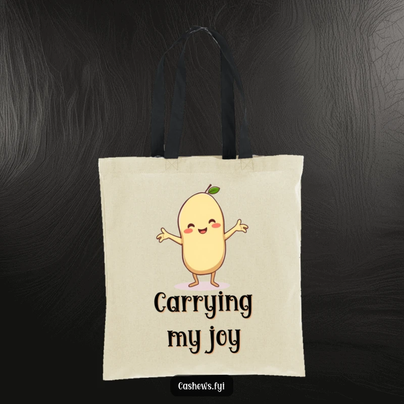 Funny tote bag featuring a kawaii cashew doing a silly dance with arms outstretched, beaming, perfect for carrying items with cheerful flair.