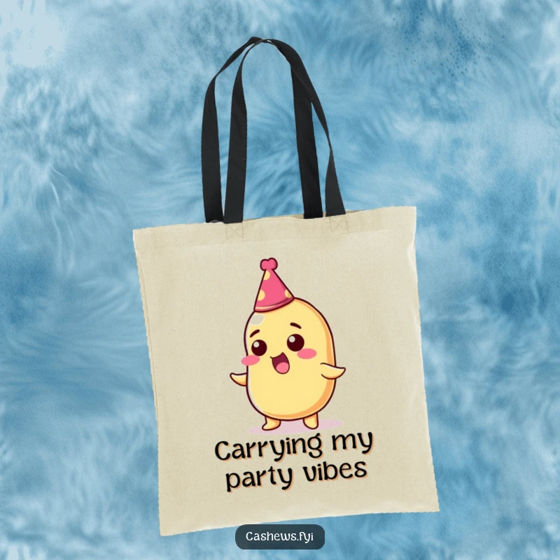 Funny tote bag featuring an ecstatic cashew nut wearing a miniature party hat, ready for adventure and fun.