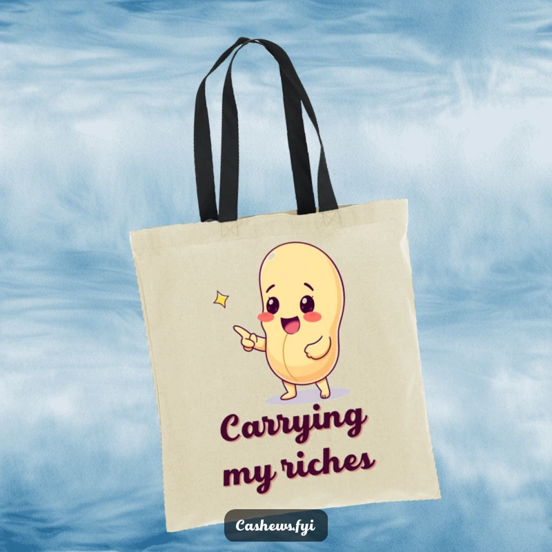 Funny tote bag with an excited cashew nut pointing at a sparkling gem, ideal for carrying treasures with a sense of adventure.