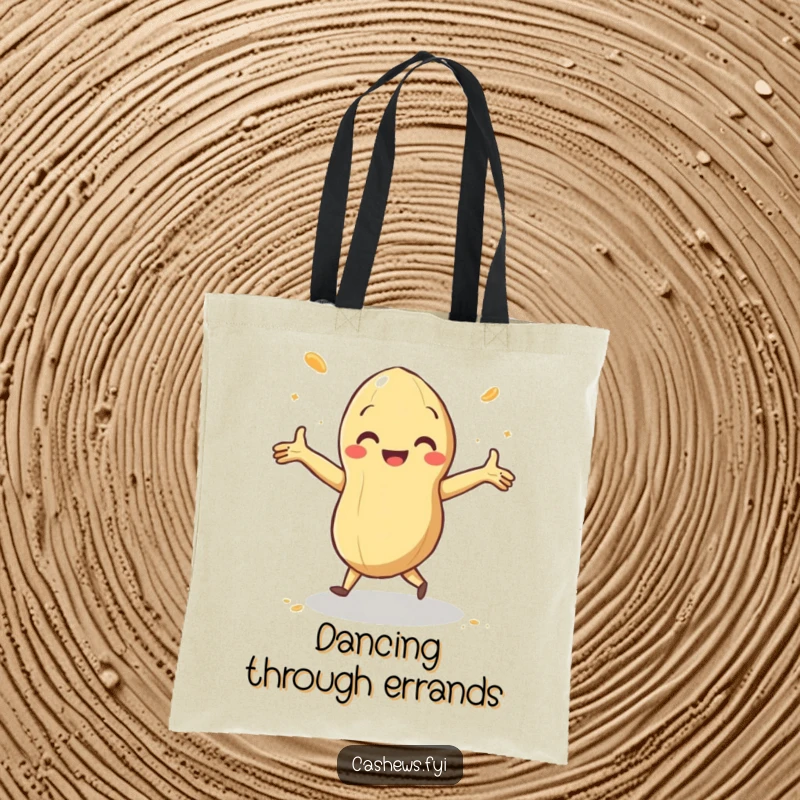 Funny tote bag with a cashew doing a happy jig with arms outstretched and a swirl of cashew dust, ideal for carrying items.