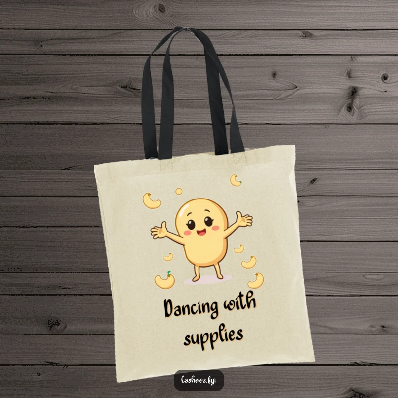 Funny cashew tote bag featuring a character dancing with arms outstretched among cashew shapes, perfect for carrying essentials with nutty rhythm.