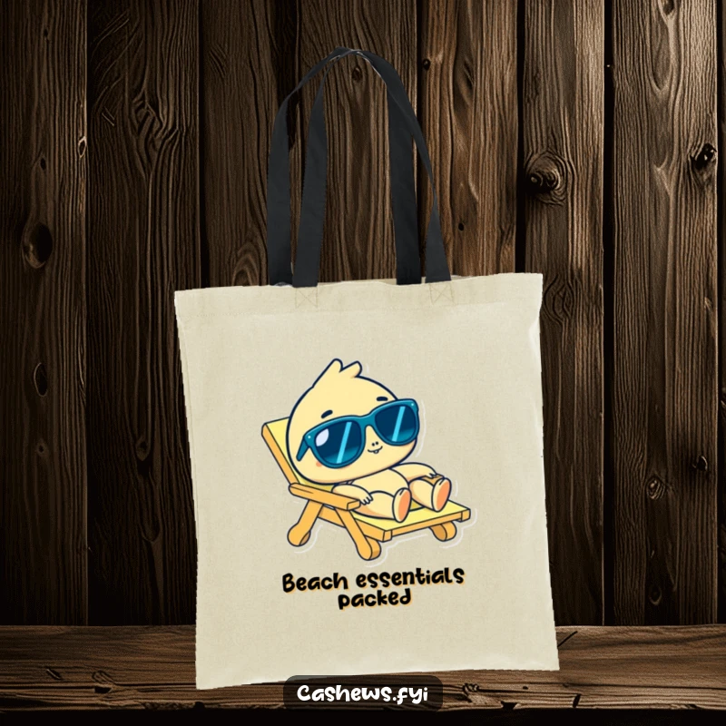Funny cashew character in sunglasses lounging on a beach chair, a humorous and practical tote, perfect funny gift.