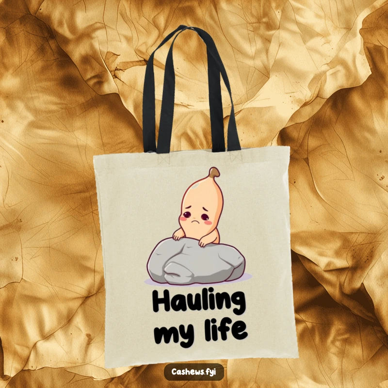 Funny cashew tote bag featuring a cashew straining to lift a heavy pebble, ideal for groceries and everyday use.