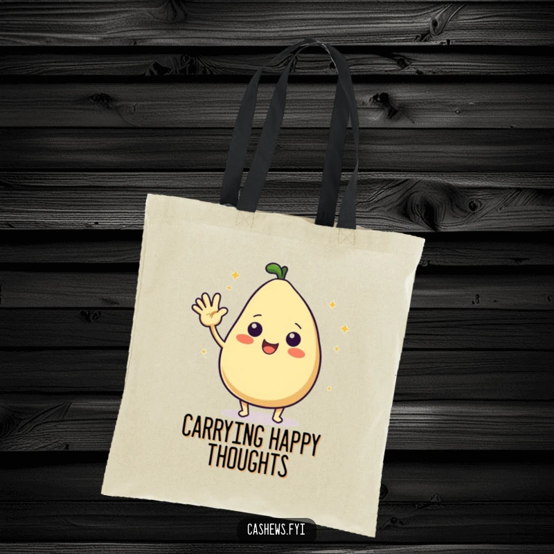 Funny tote bag featuring a kawaii cashew character waving hello energetically, with starbursts enhancing its cheerful greeting.
