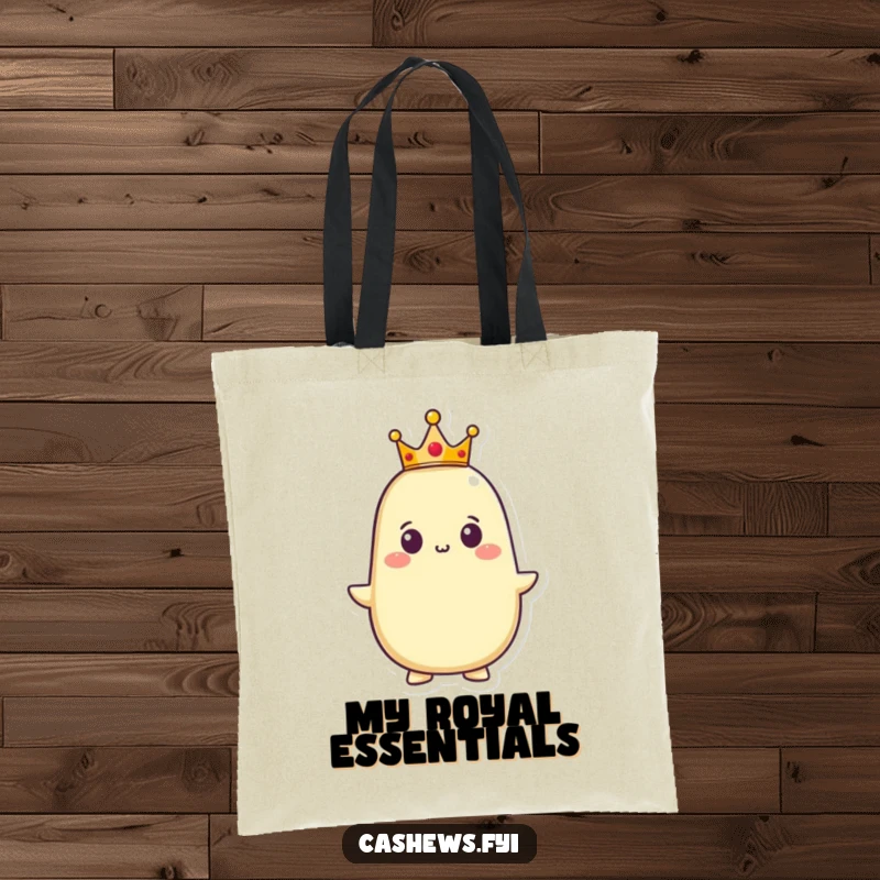 Funny tote bag illustrating a proud cashew character wearing a small crown, its expression conveying regal confidence and a hint of humorous pride.