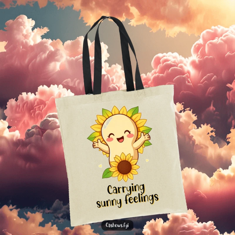Funny tote bag illustrating a cashew nut embracing a friendly sunflower, perfect for carrying essentials with natural charm.