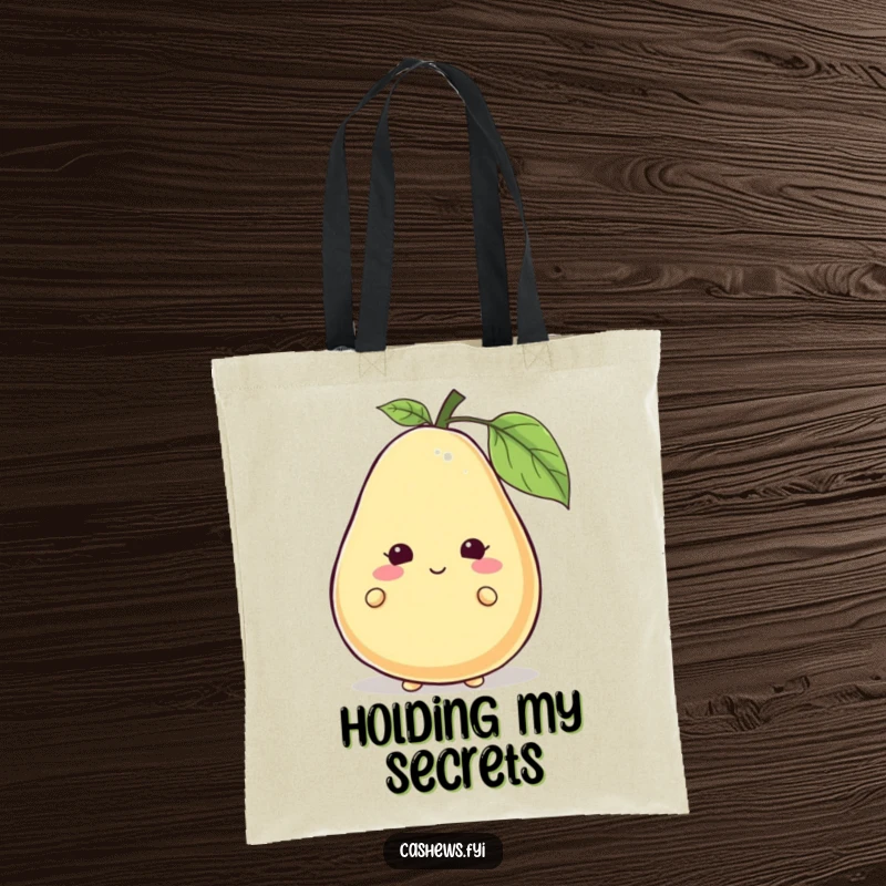 Funny cashew character peeking from behind a giant, smiling cashew on a tote bag, adding playful charm, funny gift.