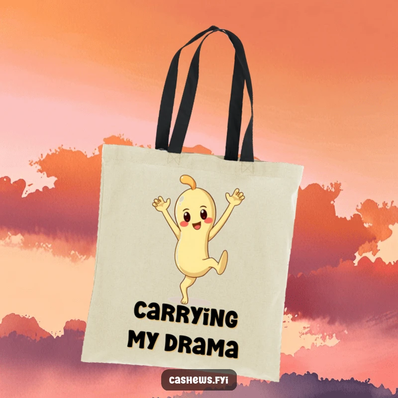Funny tote bag with a cashew character striking a dramatic pose, ready to carry essentials with flair and humor.