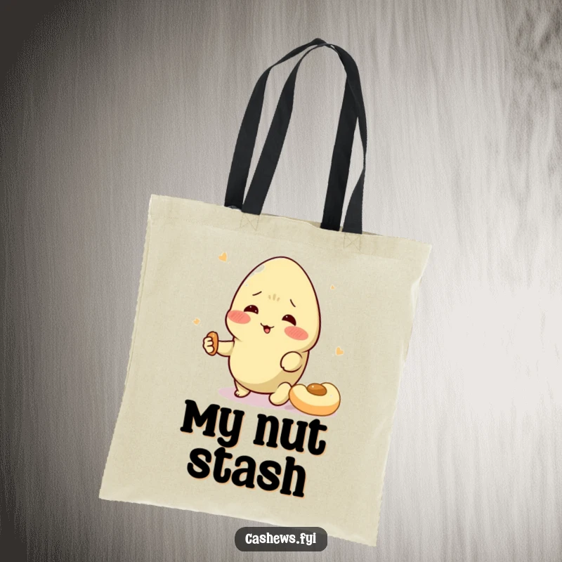 Funny cashew tote bag featuring a character swooning over a snack, perfect for carrying groceries with a side of nutty humor.