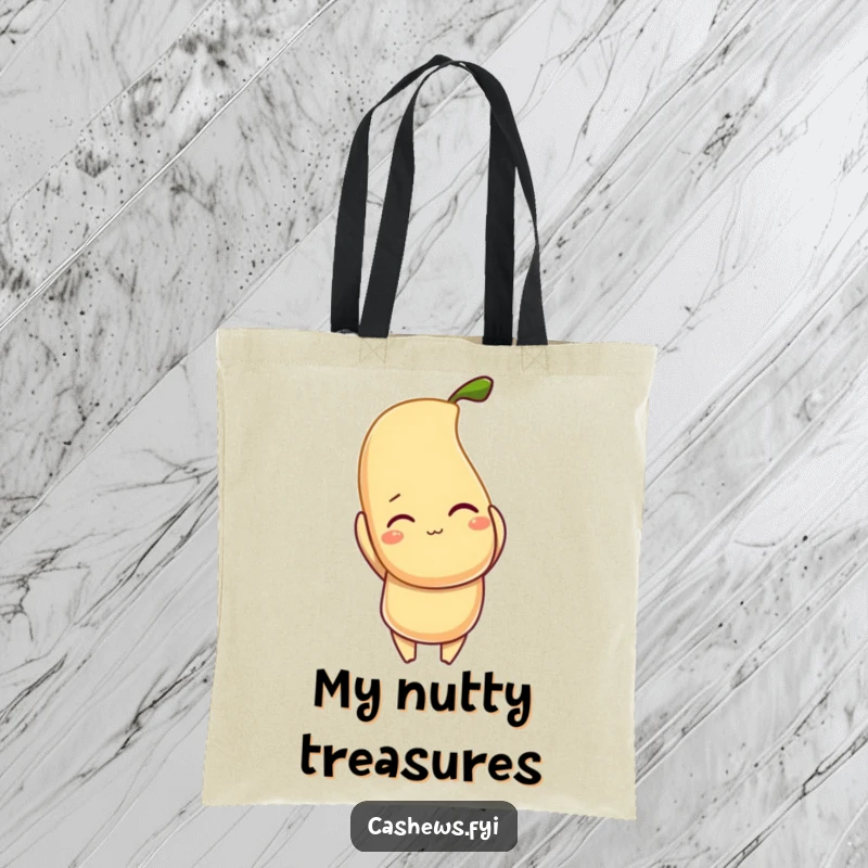 Funny tote bag showcasing a cheeky winking cashew character holding aloft a brilliantly shining cashew, perfect for market trips.