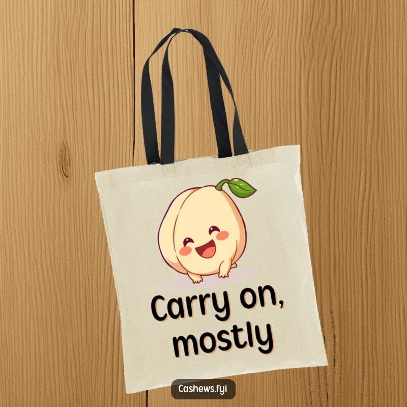Funny Tote Bag: A cashew trips slightly but grins widely, a humorous and practical bag for carrying items with a smile.