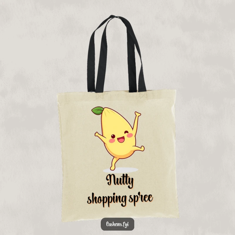 Funny tote bag with a kawaii cashew doing a cartwheel, exuding boundless joy and energetic fun, ideal for carrying smiles.