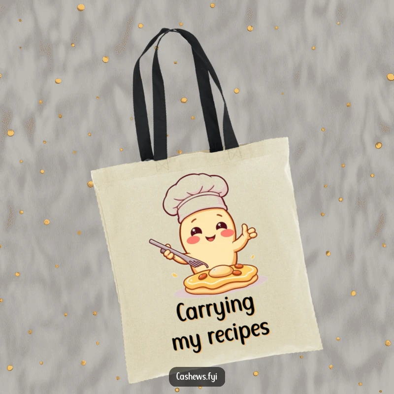 Funny tote bag featuring a kawaii cashew chef dramatically flipping a pancake, perfect for carrying groceries with humorous culinary flair.