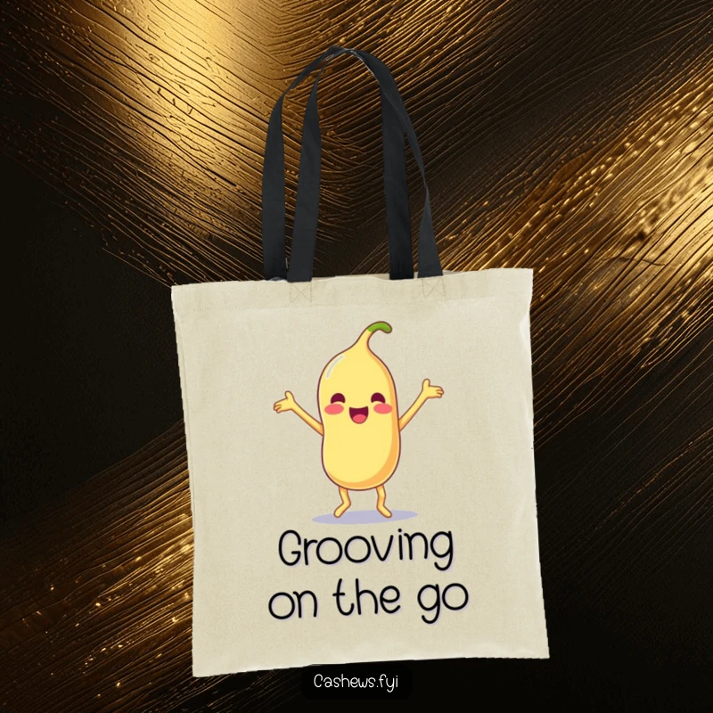 Funny tote bag showcasing a Kawaii cashew doing a silly dance with arms and legs flailing joyfully, perfect for carrying with humor.