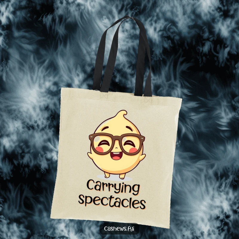 Funny Kawaii Cashew Tote Bag: A stylish bag featuring a cashew with oversized, comical glasses, caught in a fit of giggles.