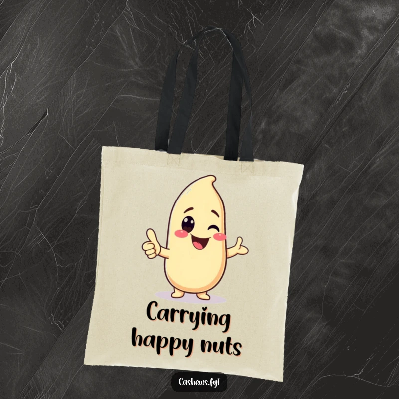 Funny tote bag with a kawaii cashew character giving a big grin and thumbs-up, perfect for carrying items with charm.