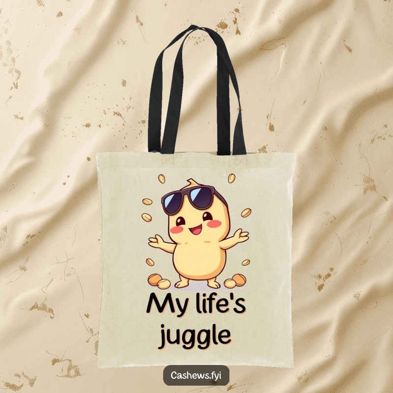 Funny tote bag featuring a kawaii cashew wearing sunglasses, juggling nuts with a grin, perfect for stylish and humorous carrying.
