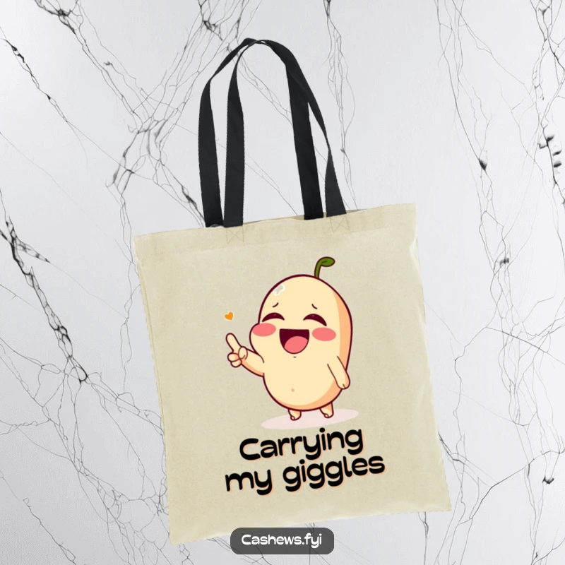Funny tote bag showcasing a Kawaii cashew laughing uncontrollably with watering eyes, perfect for carrying essentials with humor.