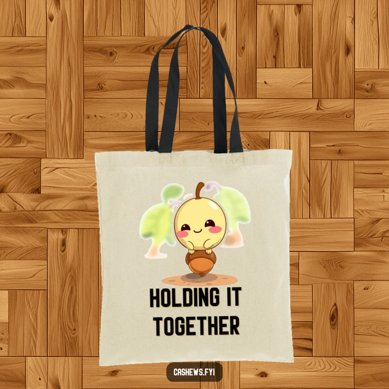 Funny cashew tote bag showing a mischievous cashew grinning while balancing on a tiny acorn, perfect for adventures.