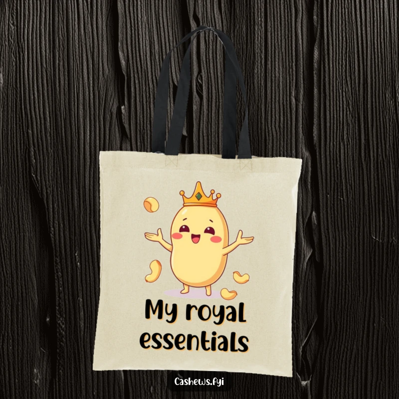 Funny tote bag featuring a Kawaii cashew king wearing a crown and juggling nuts, perfect for stylish and humorous carrying.